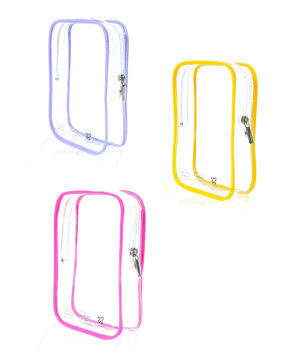 Three clear quart-sized TSA-approved toiletry pouches for carry-on liquids