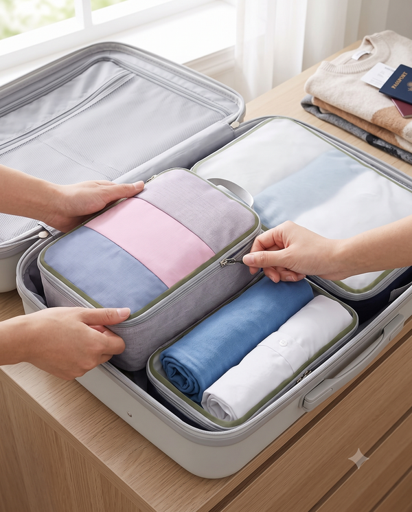 Hands zipping an Aero Trio compression packing cube inside an organized carry-on