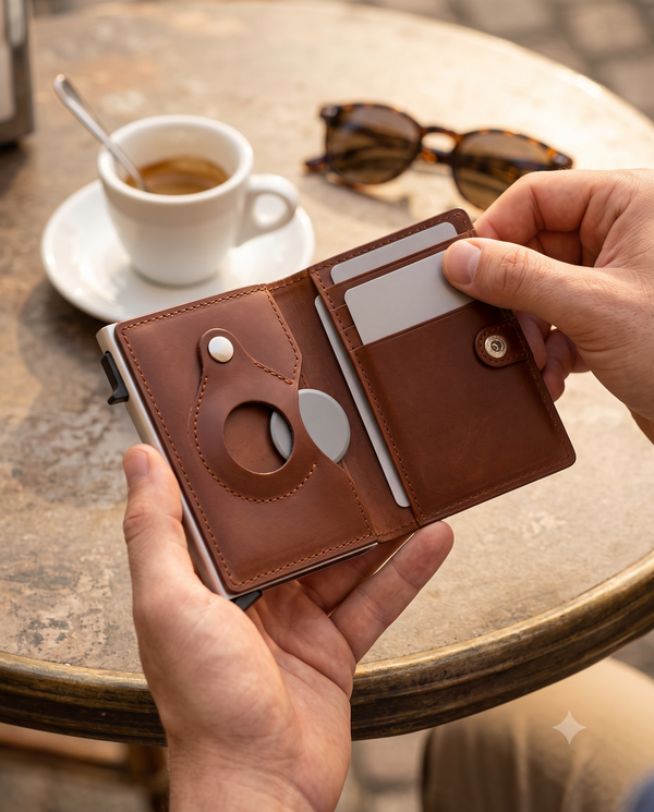 Traveler holding the slim leather Sovereign AirWallet with a hidden AirTag pocket at a café