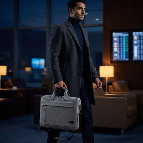 A man carrying a slim laptop shoulder bag as a personal item through an airport lounge