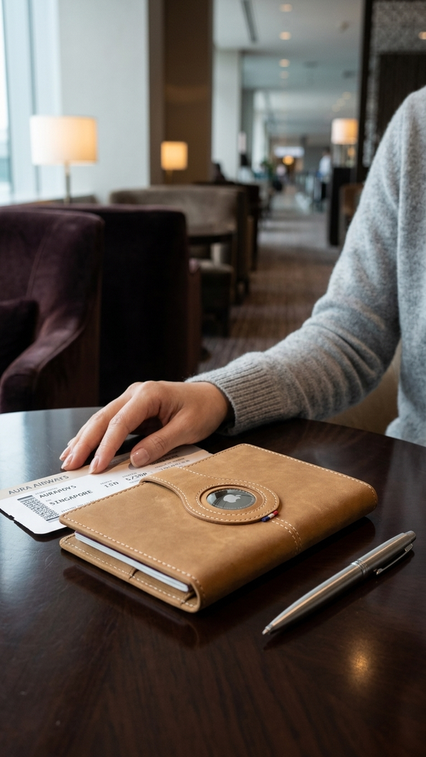 A leather RFID passport wallet on a wooden table beside a boarding pass and pen
