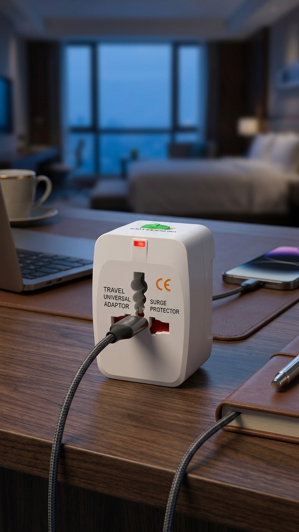 A universal travel adapter with a braided cord plugged into a desk socket in a hotel room