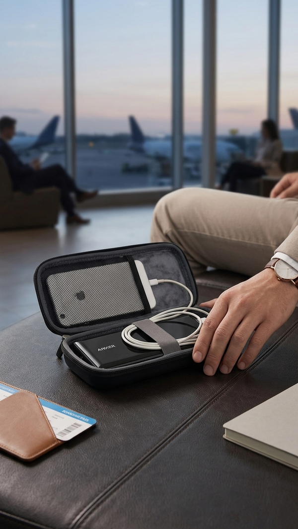 An open hard case holding a power bank and charging cable on a leather surface in an airport lounge