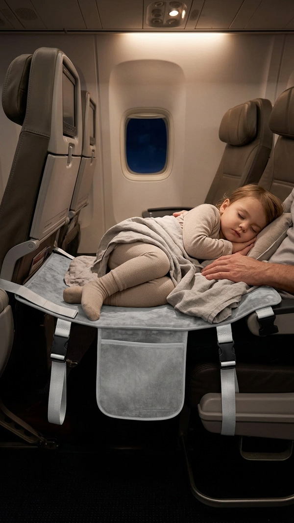 A child asleep on an inflatable footwell travel bed in an airplane cabin