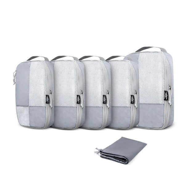 A six-piece set of compression packing cubes in ripstop nylon