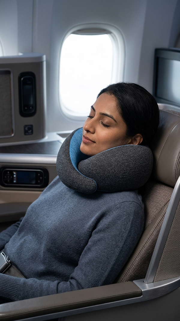 A woman asleep in an airplane seat with her head supported by a memory-foam travel neck pillow