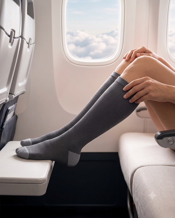 Traveler putting on Flow Stride compression socks in an airplane window seat