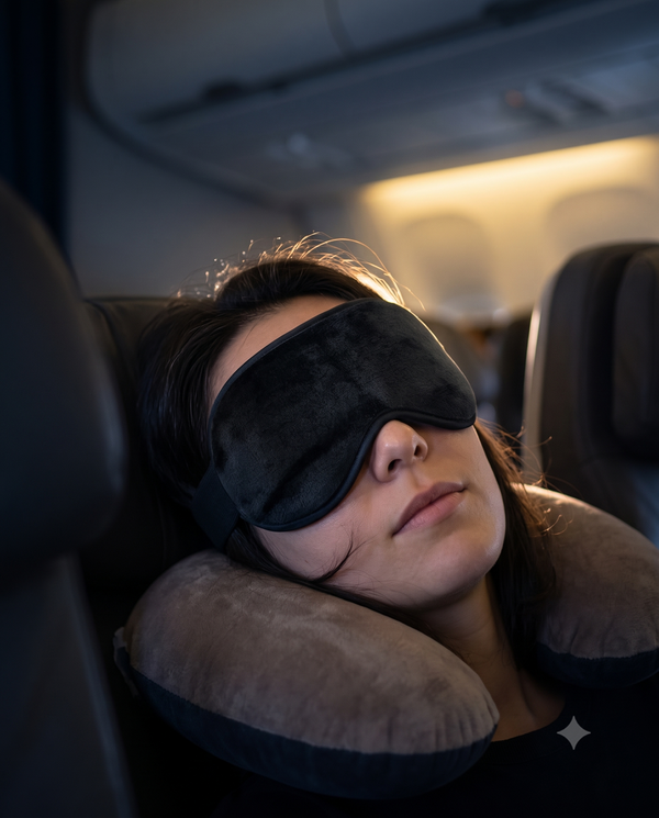 Traveler resting peacefully in a dim cabin wearing the Cloud SleepVault Audio sleep mask
