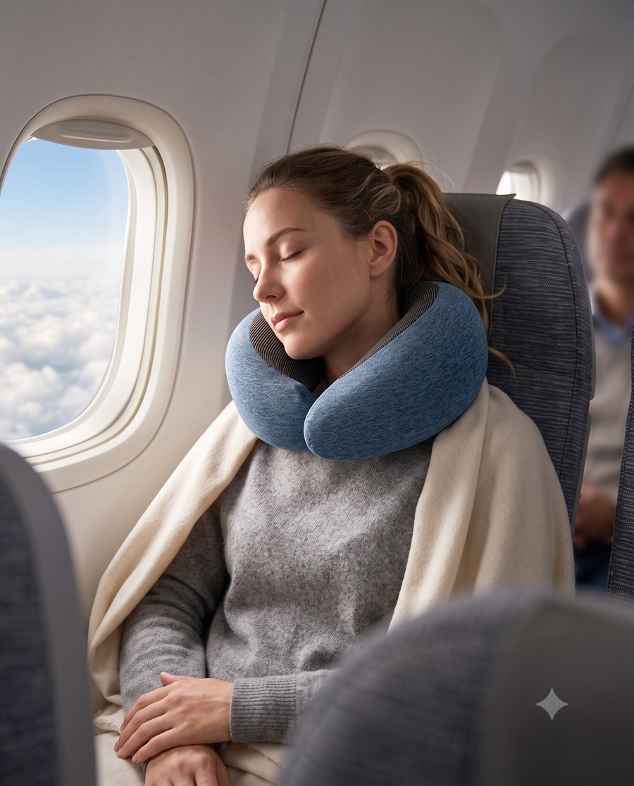 Traveler asleep upright supported by the Cloud Rest Pod neck pillow on a flight