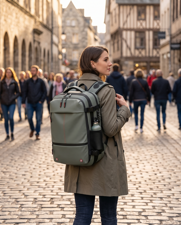 Traveler wearing the Aero Guardian Pro anti-theft backpack on a busy city street