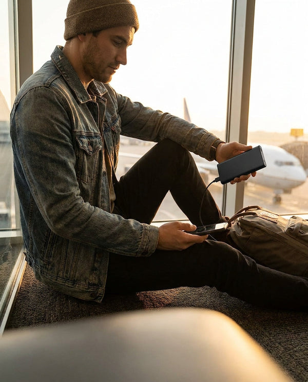 Traveler charging their phone with the Volt Matrix 20K power bank at an airport gate