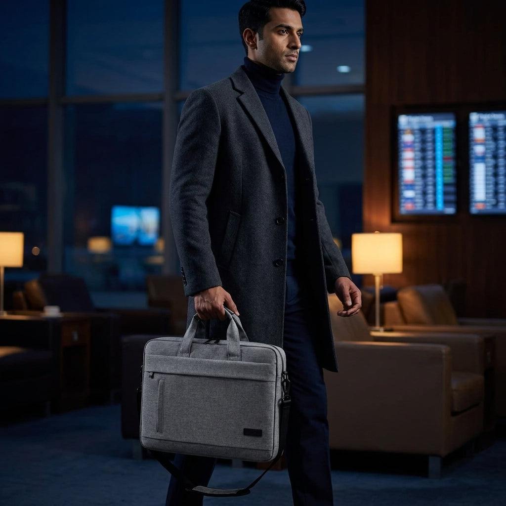 A man carrying a slim laptop shoulder bag as a personal item through an airport lounge