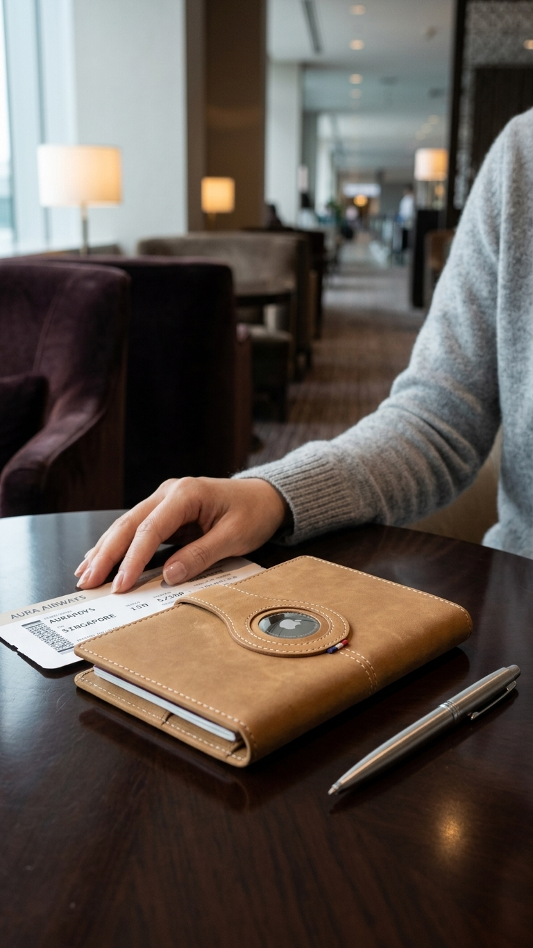 A leather RFID passport wallet on a wooden table beside a boarding pass and pen