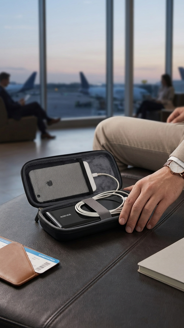An open hard case holding a power bank and charging cable on a leather surface in an airport lounge