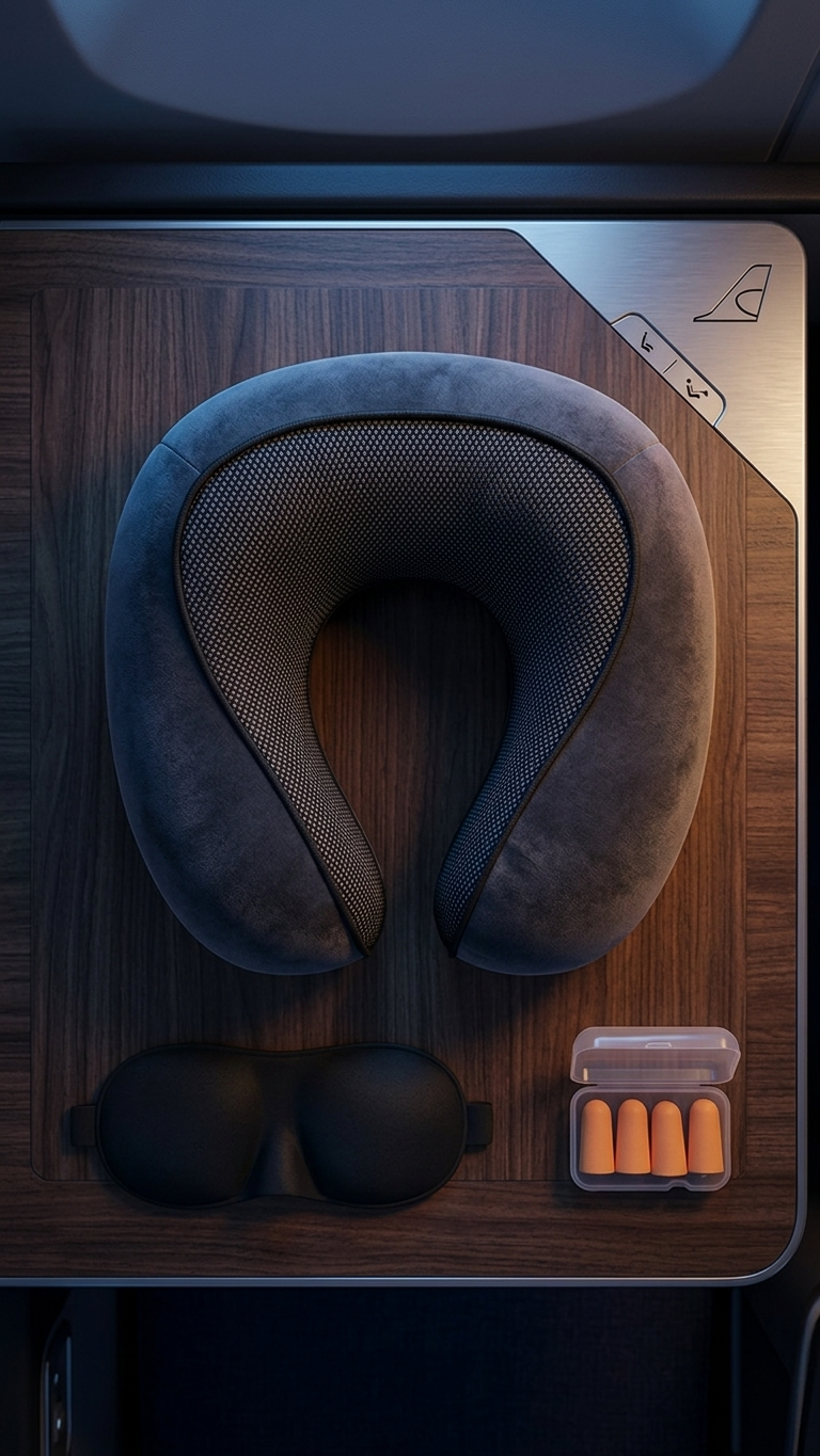 A travel neck pillow, sleep mask and earplugs laid out on an airplane tray table