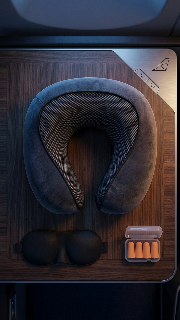 A travel neck pillow, sleep mask and earplugs laid out on an airplane tray table