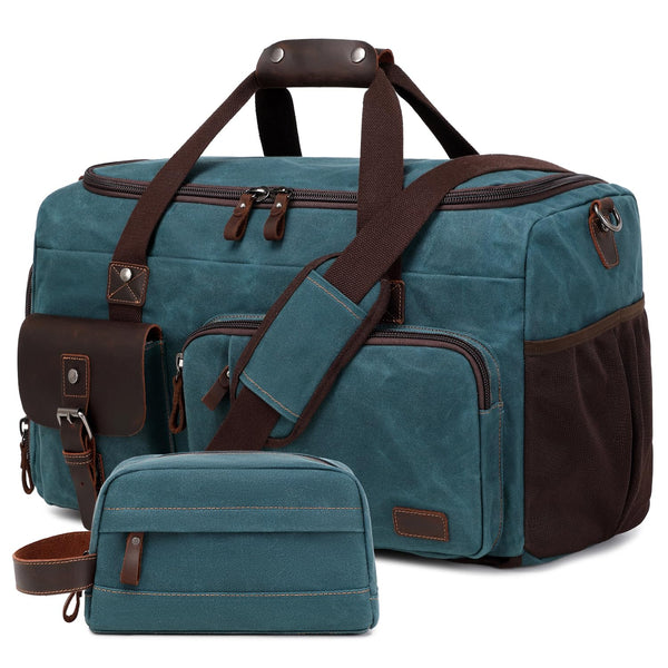Waxed-canvas weekender in dark green with leather trim