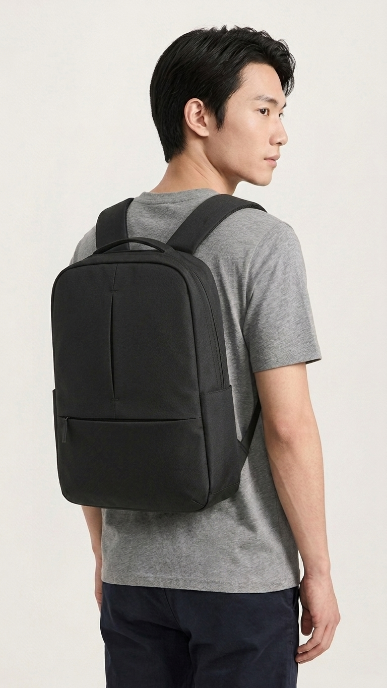 A man wearing a USB-charging travel backpack in black, side-back view