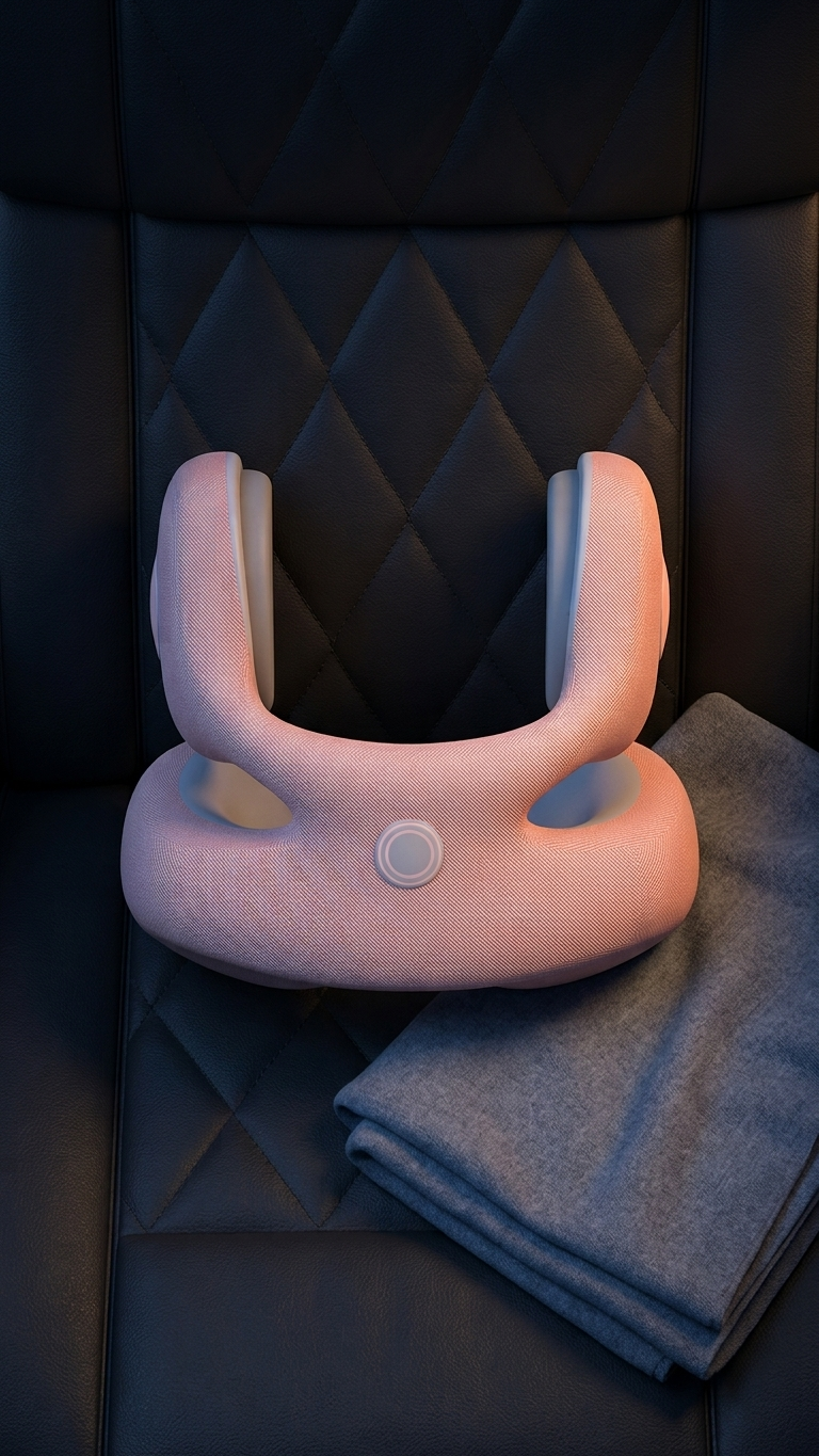 The massaging travel pillow in pink with its control button, resting on a quilted car seat