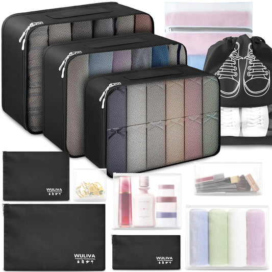 ALL INCLUDED - 12 Set Packing Cubes for Suitcases Carry On Travel Essentials/Accessories Luggage Organizer Bags Set Includes Cubes Shoes Bag Matte Cosmetic Bag Laundry Bag (Black)