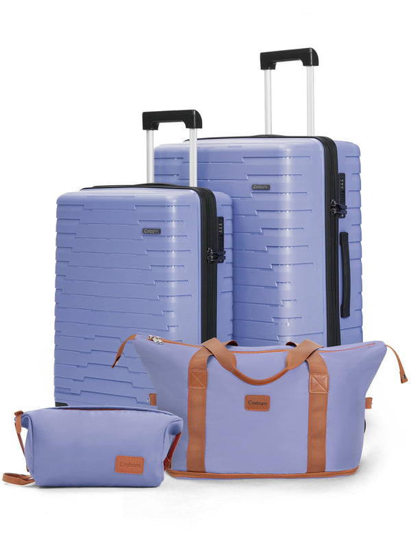 Four-piece hardside luggage set in slate blue with 20-inch and 24-inch spinners