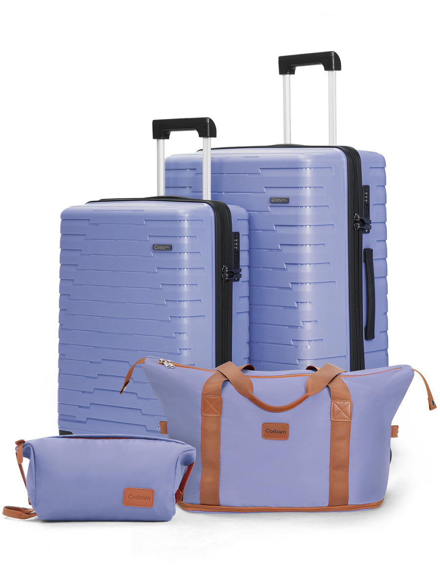 Four-piece hardside luggage set in slate blue with 20-inch and 24-inch spinners