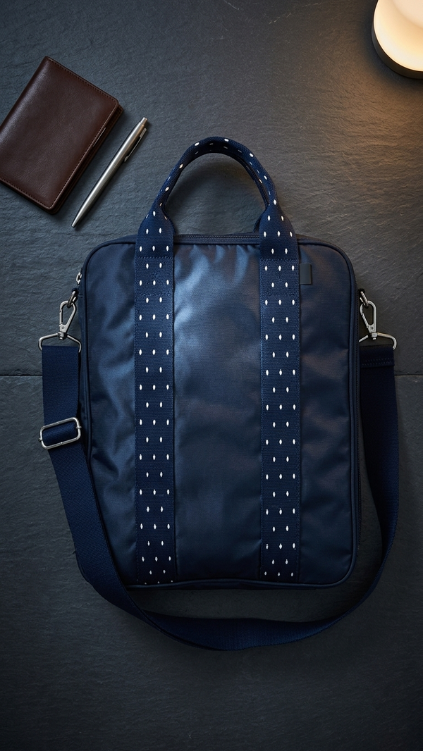 The commuter bag in navy laid flat on slate with a wallet and pen