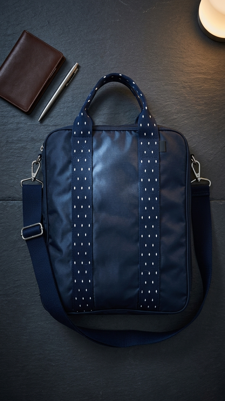 The commuter bag in navy laid flat on slate with a wallet and pen