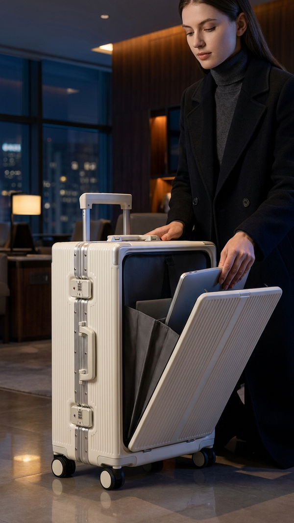 A woman beside a luggage trolley in white with its fold-out front organiser panel open