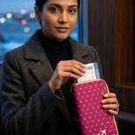 A woman in a dark gray coat and black turtleneck holds a pink polka-dot travel pouch with a boarding pass, set against a softly blurred window background.