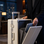 A woman in a black coat stands beside a white hard-shell rolling suitcase in a modern indoor setting. The suitcase has a built-in fold-out tray or organizer panel on the front that is open, holding a tablet, and a dark storage pocket inside.