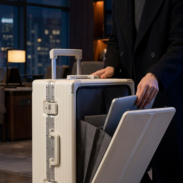 A woman in a black coat stands beside a white hard-shell rolling suitcase in a modern indoor setting. The suitcase has a built-in fold-out tray or organizer panel on the front that is open, holding a tablet, and a dark storage pocket inside.