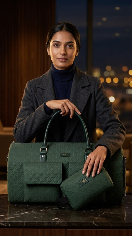 A woman in a dark gray blazer and navy turtleneck holds a dark green quilted duffel bag and a matching zip pouch on a dark marble table, with a softly blurred city window background.
