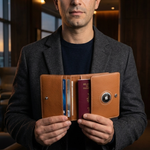 A man in a dark gray blazer holds open a tan leather wallet or document holder, showing card slots and a passport inside, set against a softly blurred indoor background.