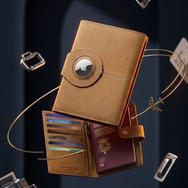 A tan leather passport holder and document organizer with a circular flap closure, shown floating with passports, cards, and small travel accessories around it against a dark blue studio background.