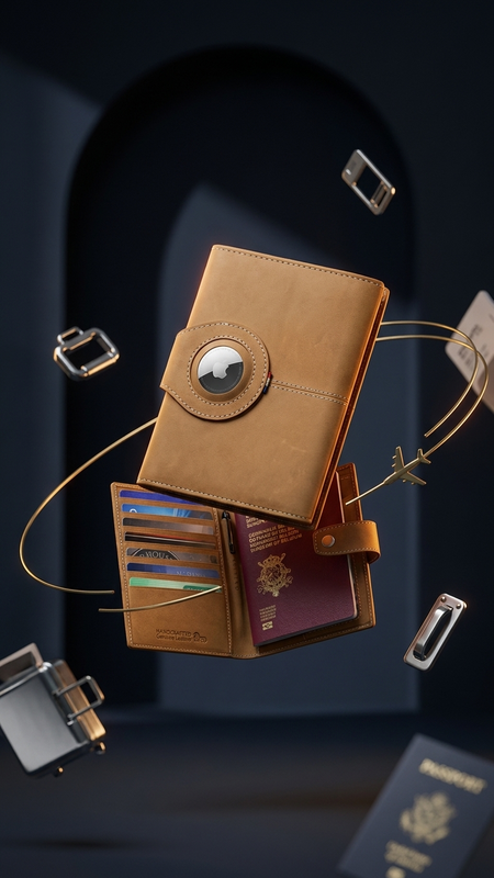 A tan leather passport holder and document organizer with a circular flap closure, shown floating with passports, cards, and small travel accessories around it against a dark blue studio background.
