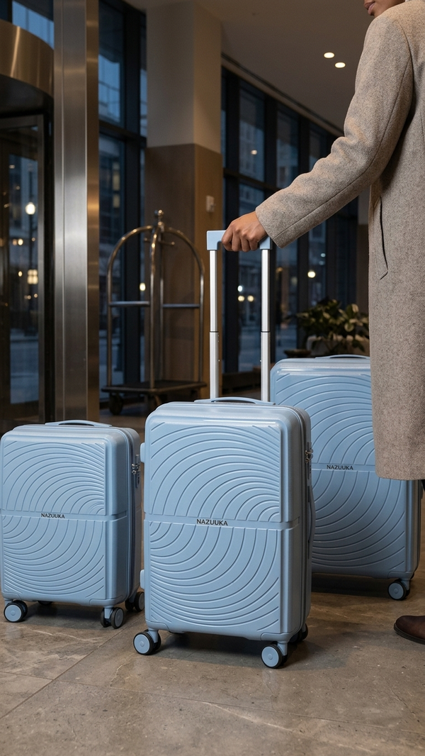 Three hardside suitcases in light blue in a hotel lobby, with a traveller holding the middle handle