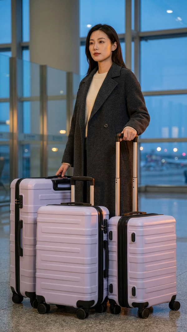 A woman in an airport terminal with three hardside spinner suitcases in lavender