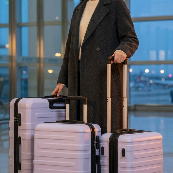 A woman in a dark coat stands in an airport terminal holding three light lavender hard-shell spinner suitcases with black trim.