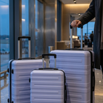 Three hard-shell spinner suitcases in light gray and white are arranged on a polished floor in a modern airport terminal, with a person's hand visible holding the largest suitcase handle.