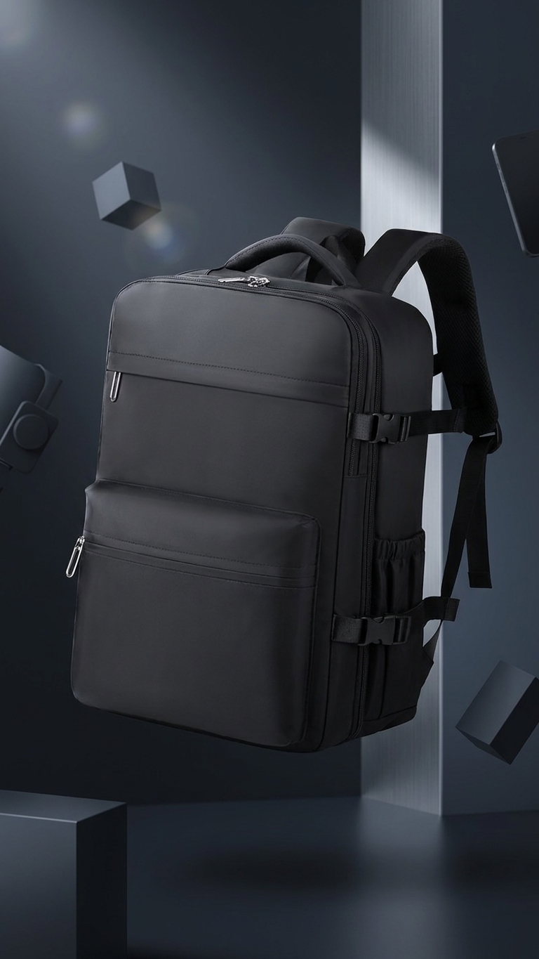 The carry-on backpack in black with side compression buckles, studio photograph