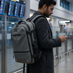 A man in a dark coat stands in an airport terminal wearing a gray backpack and looking at his phone.