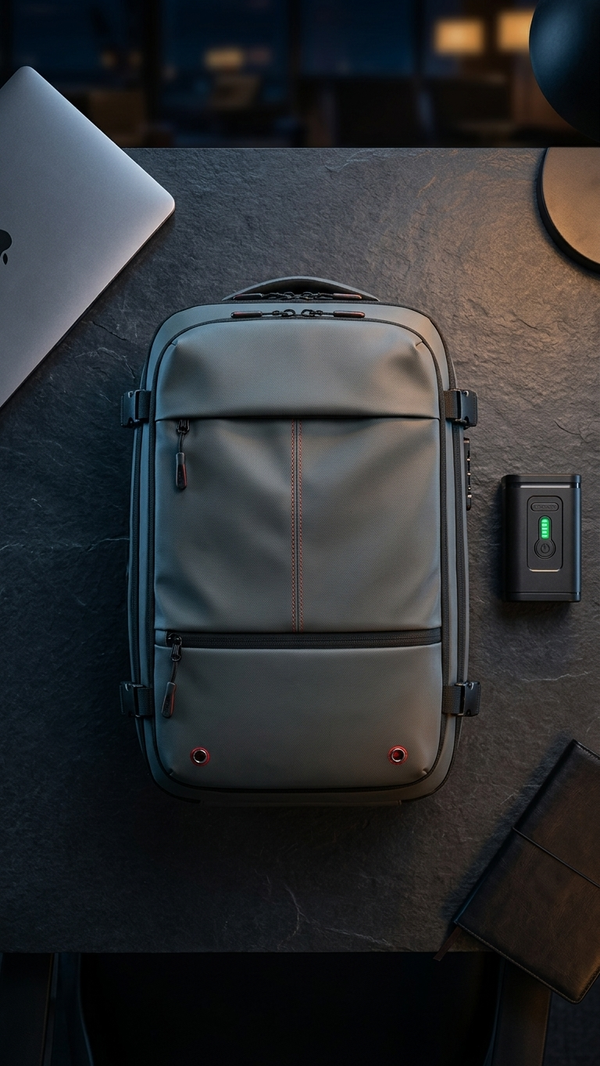 Top-down view of a business backpack on a desk with a laptop and notebook