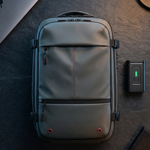 A gray and black laptop backpack is shown from a top-down perspective on a dark textured desk, styled with a silver laptop, a small black electronic device, and a notebook.