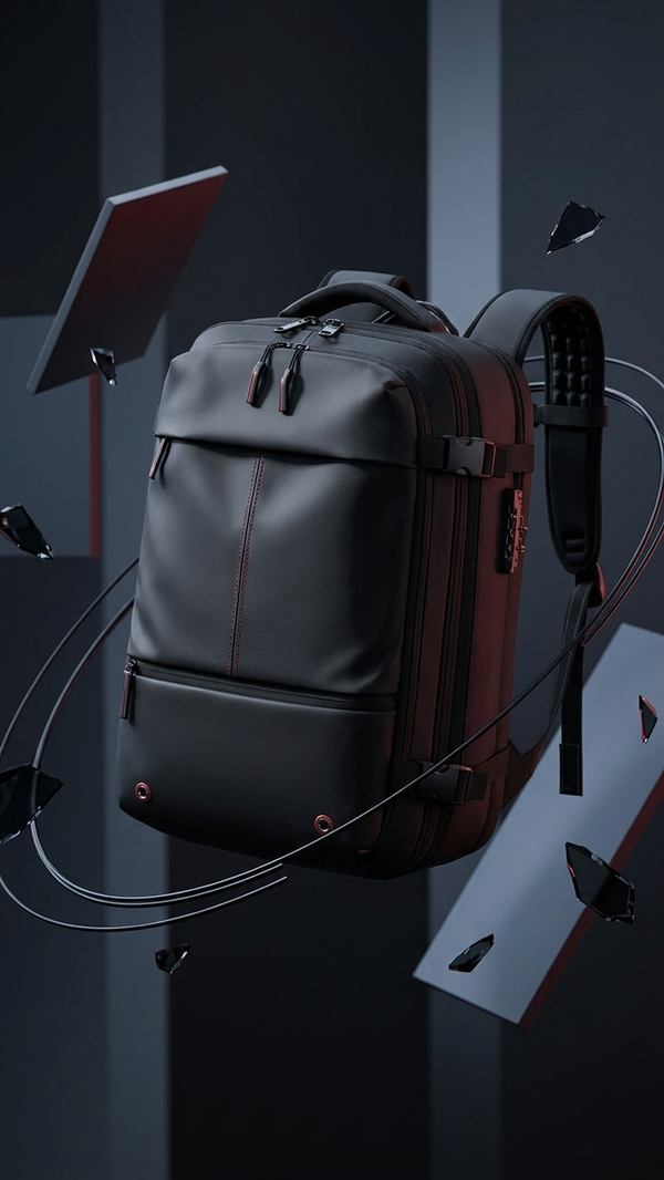 Travel backpack in dark grey with red stitching detail, studio photograph