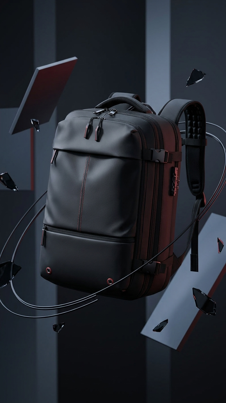 Travel backpack in dark grey with red stitching detail, studio photograph