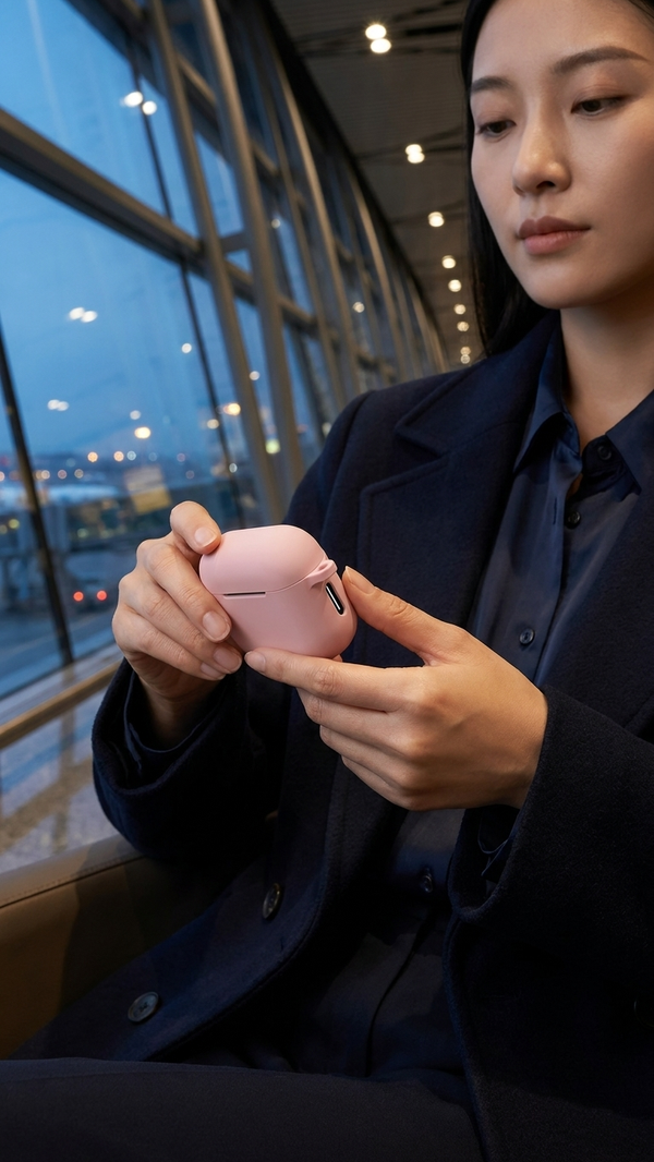 A woman holding an earbud case in pink beside a window