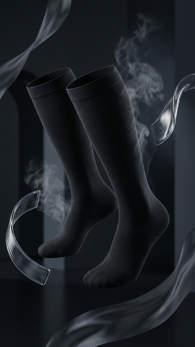 Graduated compression socks in black, studio photograph
