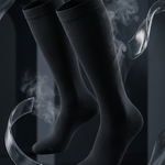 A pair of black knee-high socks floating against a dark studio background with stylized smoke and flowing translucent ribbon-like graphics.