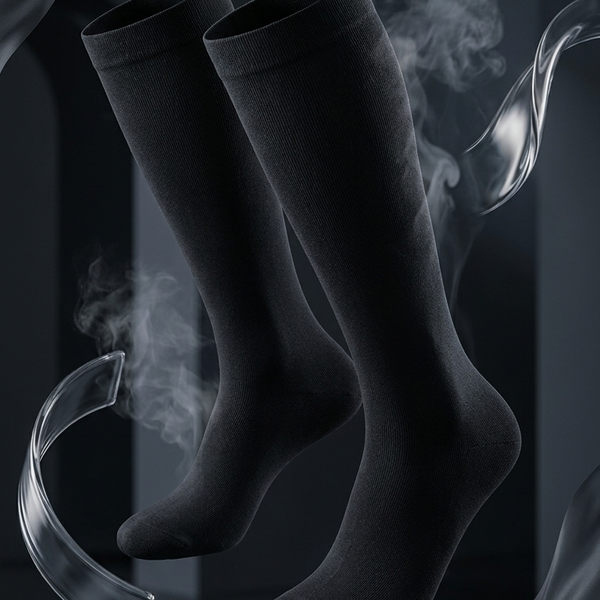 A pair of black knee-high socks floating against a dark studio background with stylized smoke and flowing translucent ribbon-like graphics.